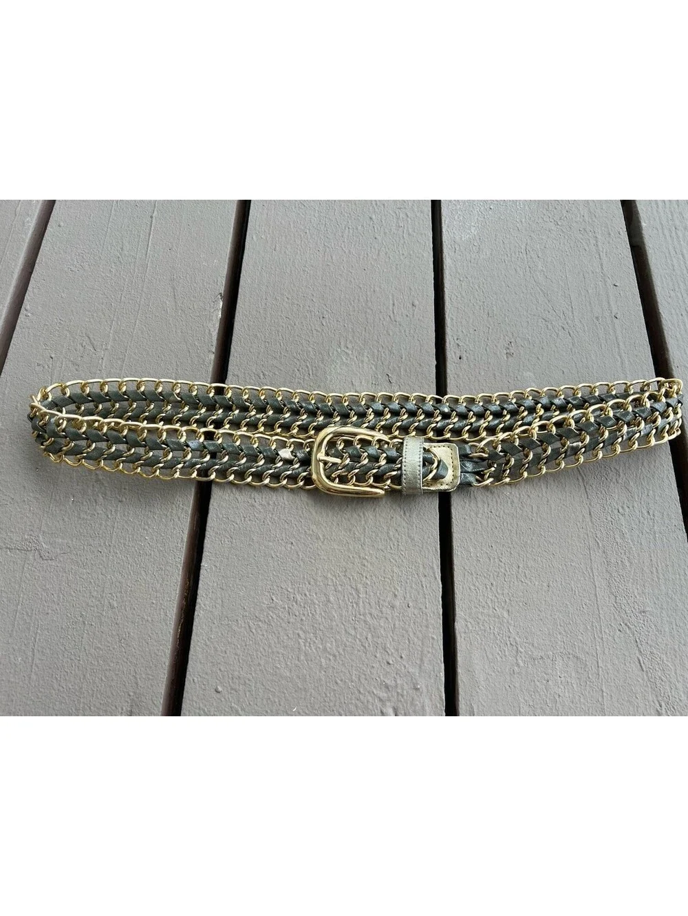 Retro Metallic Gold Green Woven Mesh Chain Belt Braided Crochet Size S/ M.